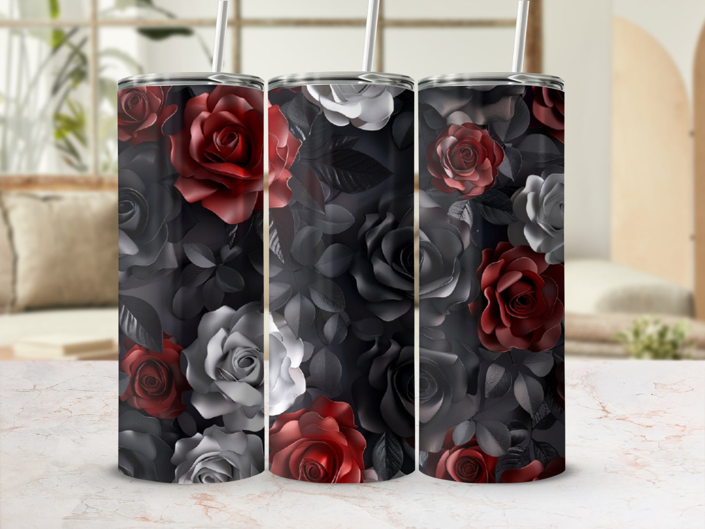 Three tumblers with a dark floral rose design, featuring red, white, and gray roses.