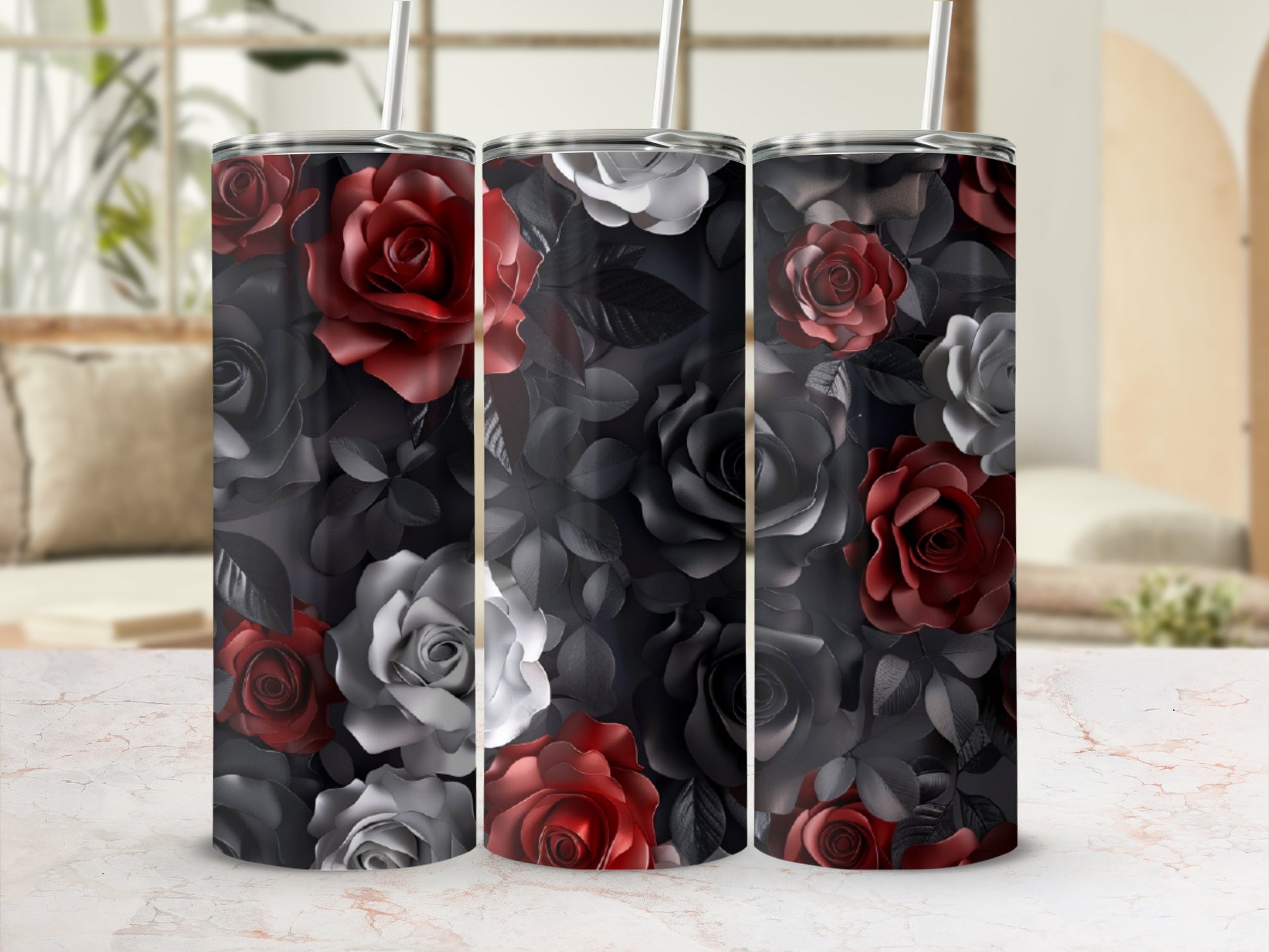 Three tumblers with a dark floral rose design, featuring red, white, and gray roses.
