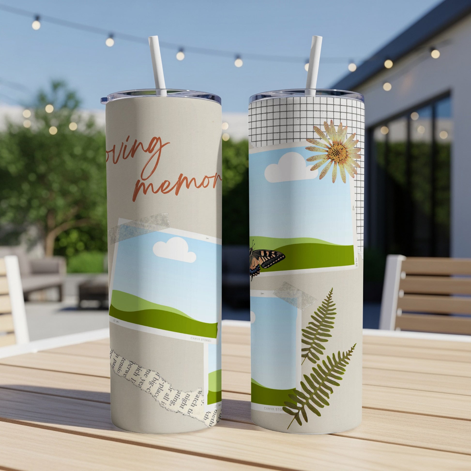 Two tumblers with nature-inspired collage designs, one with "loving memories" text.