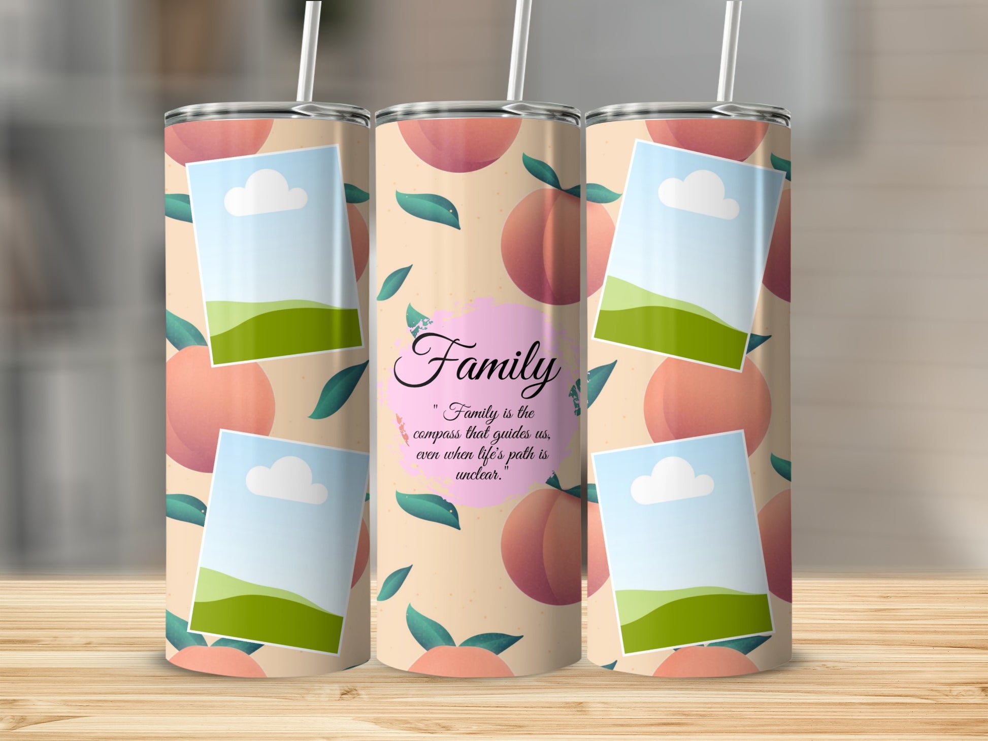Tumbler with peach pattern, photo frames, and the quote "Family is the compass".