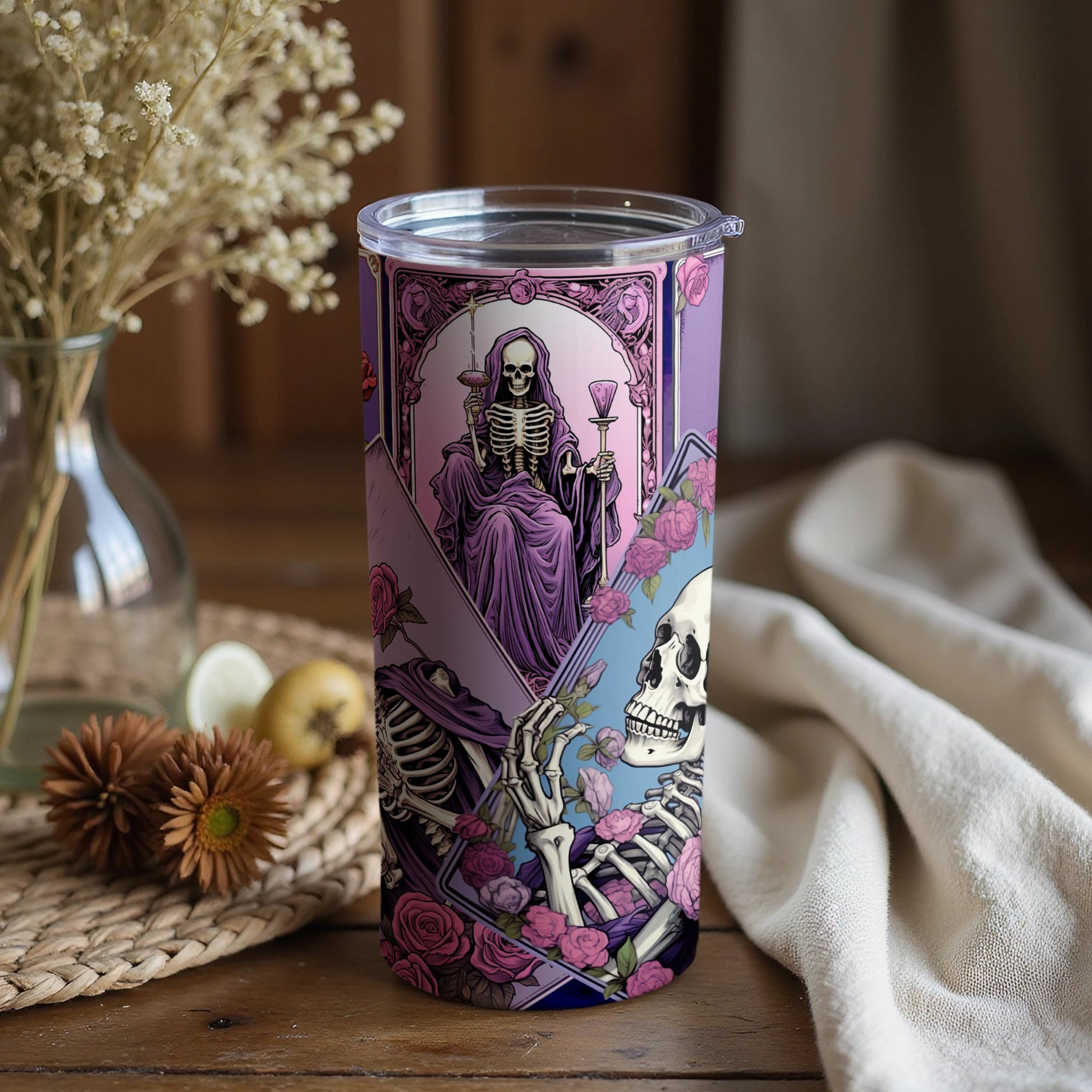 Gothic Skeleton Floral Design Travel Tumbler