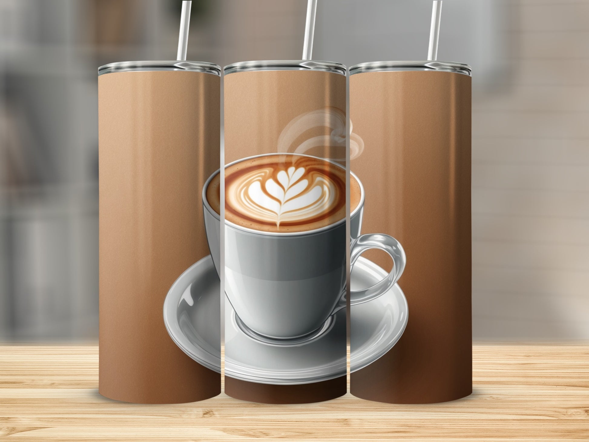 Three tumblers featuring a steaming latte with latte art on a saucer.