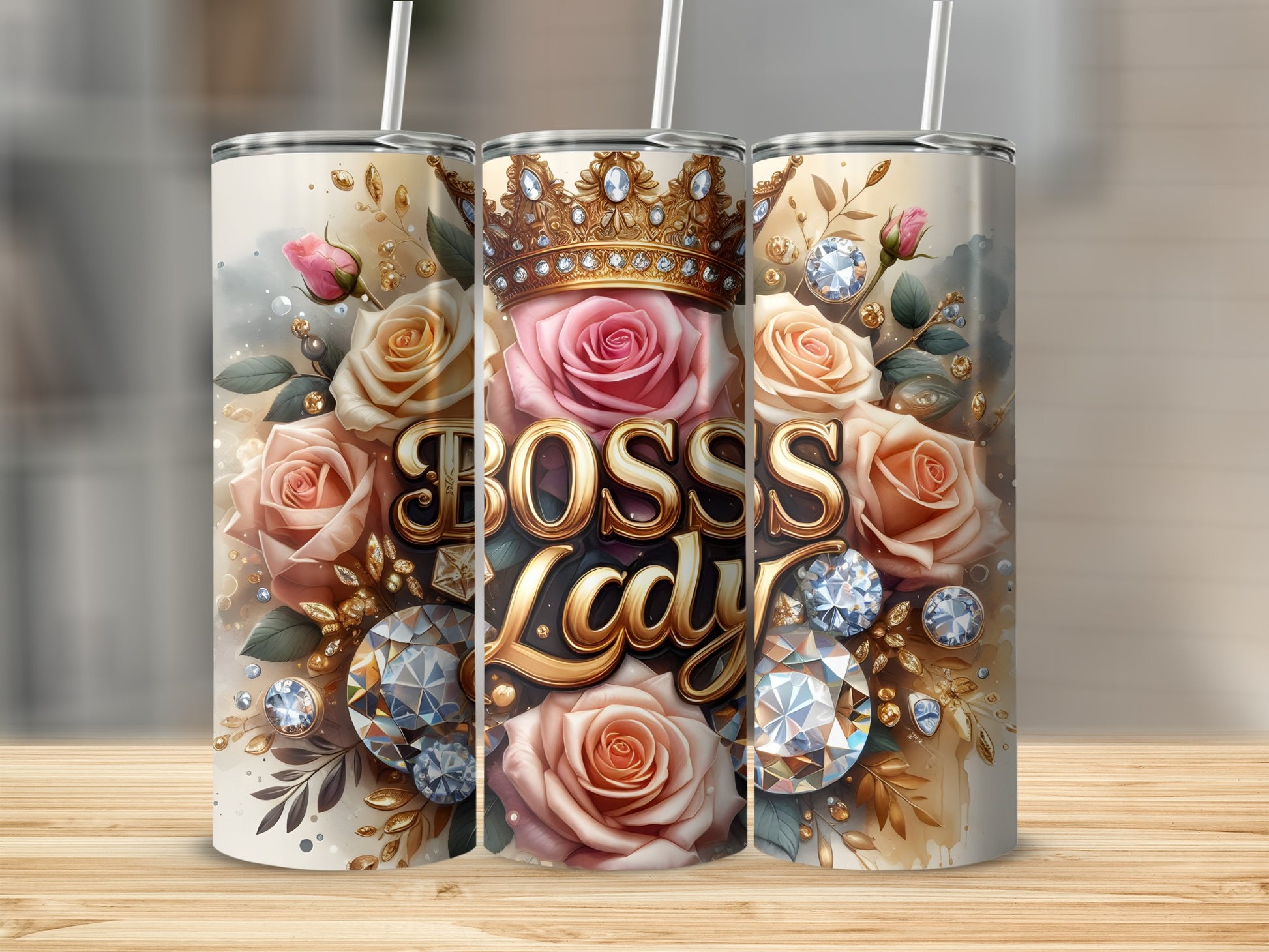 Elegant Floral Boss Lady Crown Design Tumbler Cup