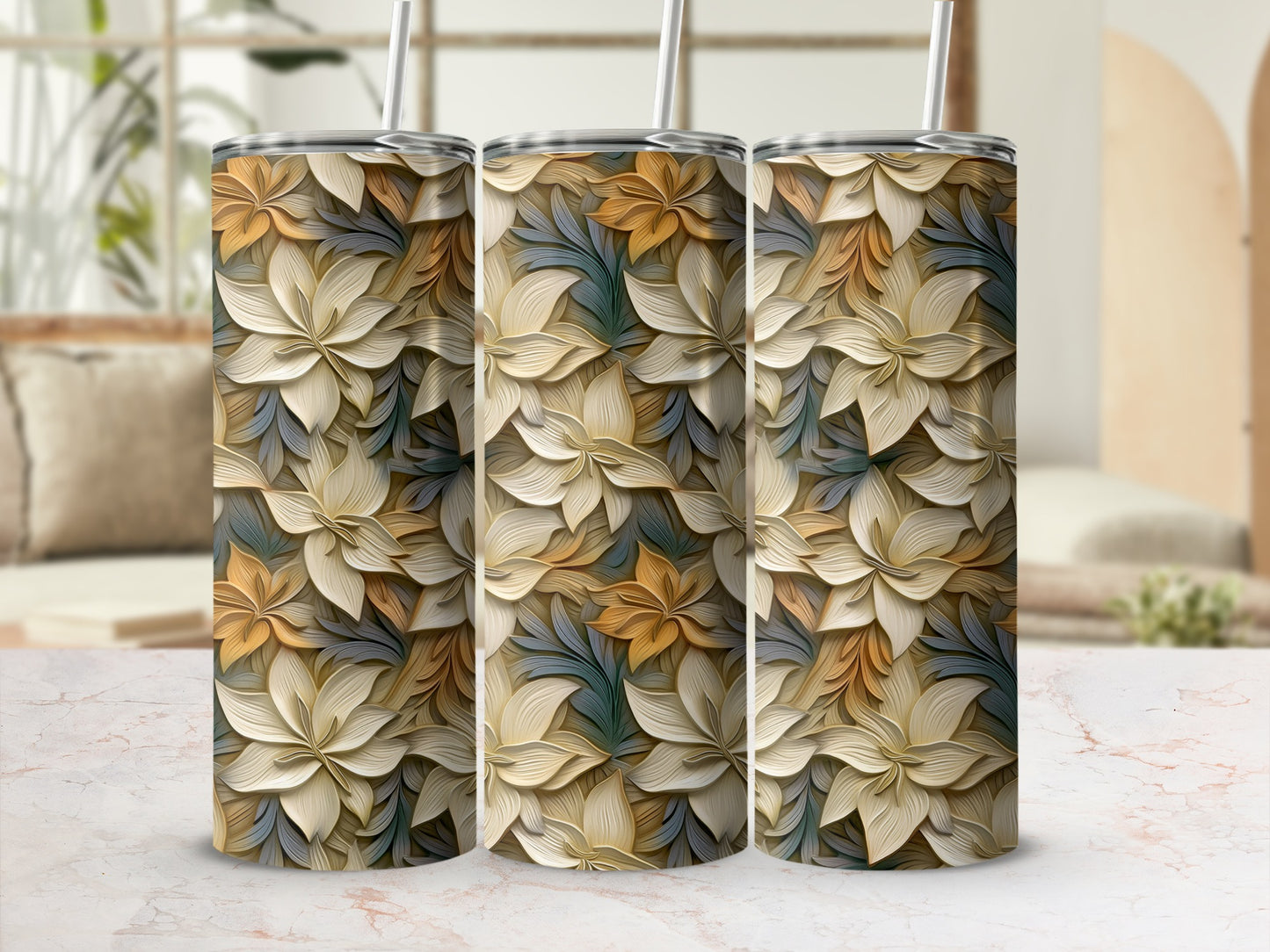 Floral Patterned Insulated Tumbler with Straw
