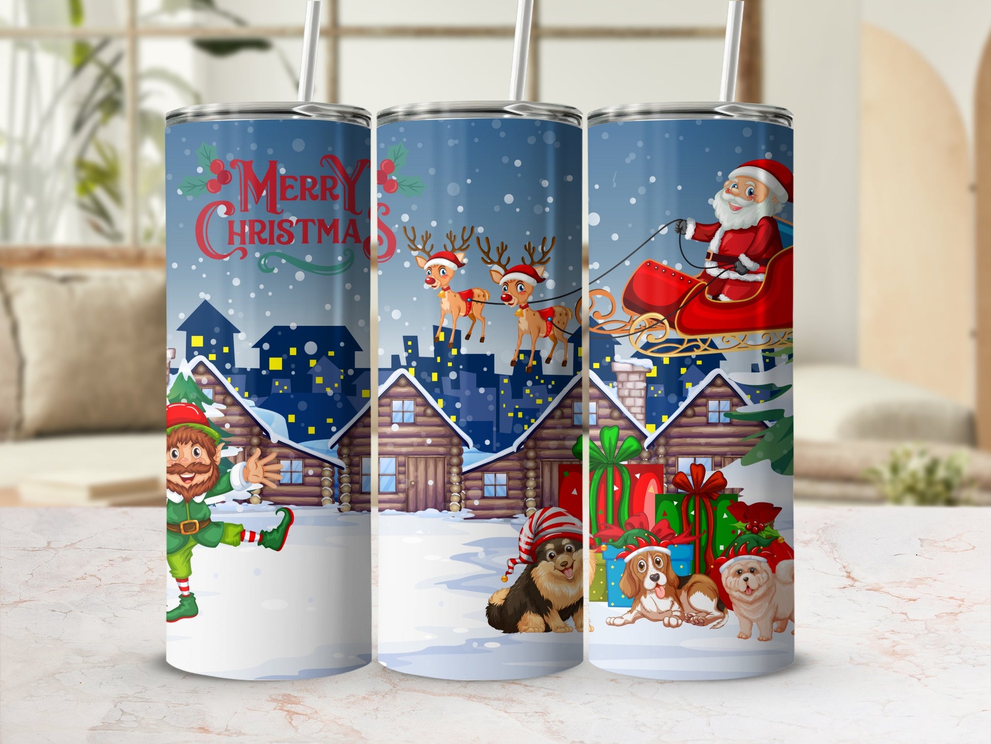 Christmas Themed Tumblers with Santa Claus and Elves