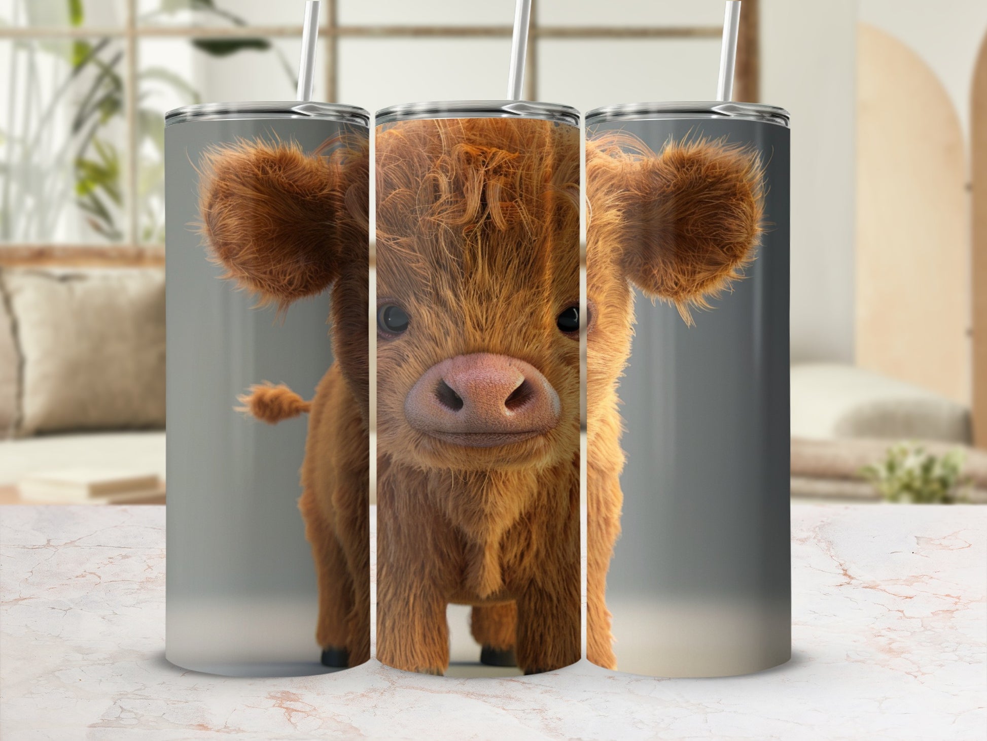 Fluffy highland cow with a pink nose on a cylindrical tumbler.