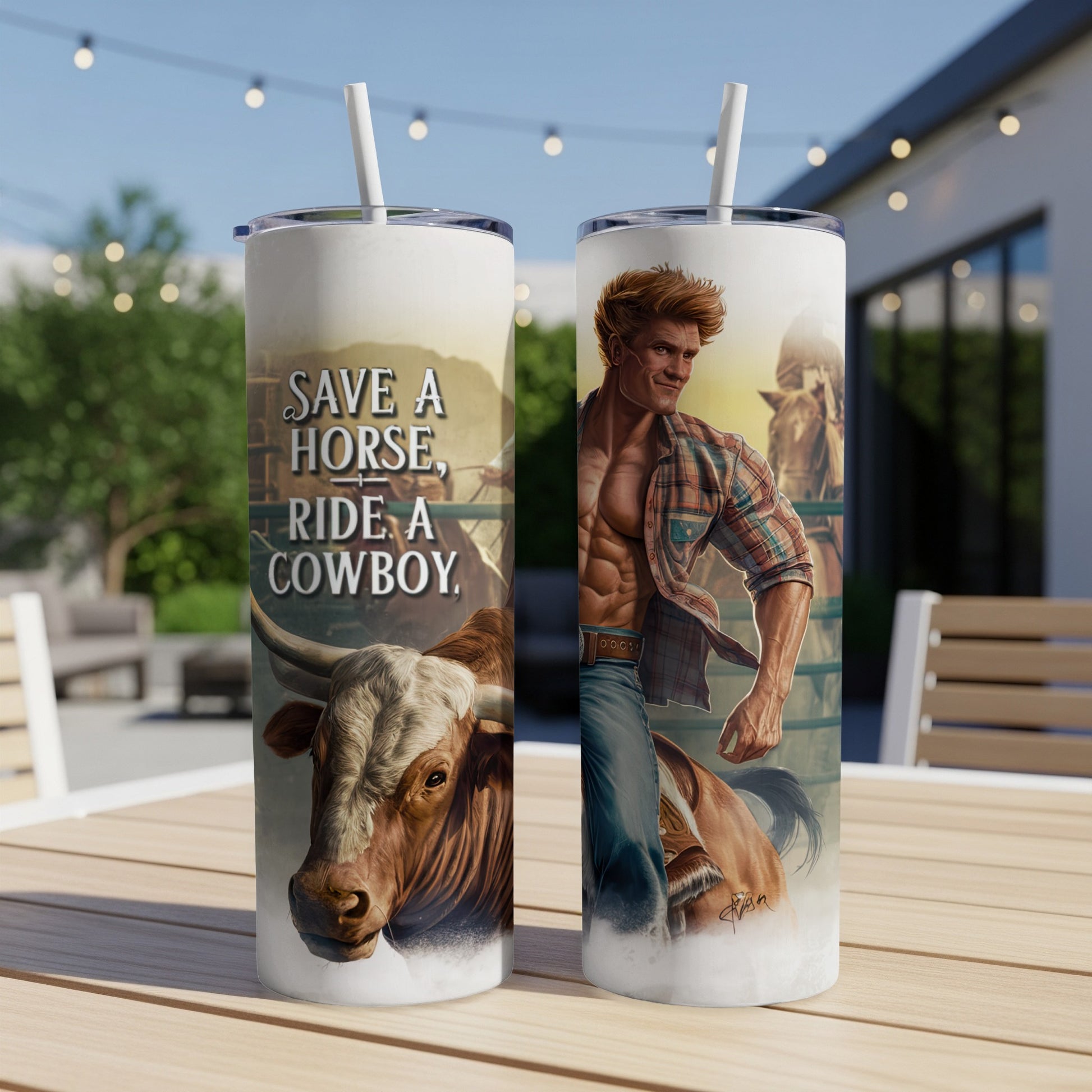 Cowboy and bull artwork with text "SAVE A HORSE, RIDE A COWBOY".