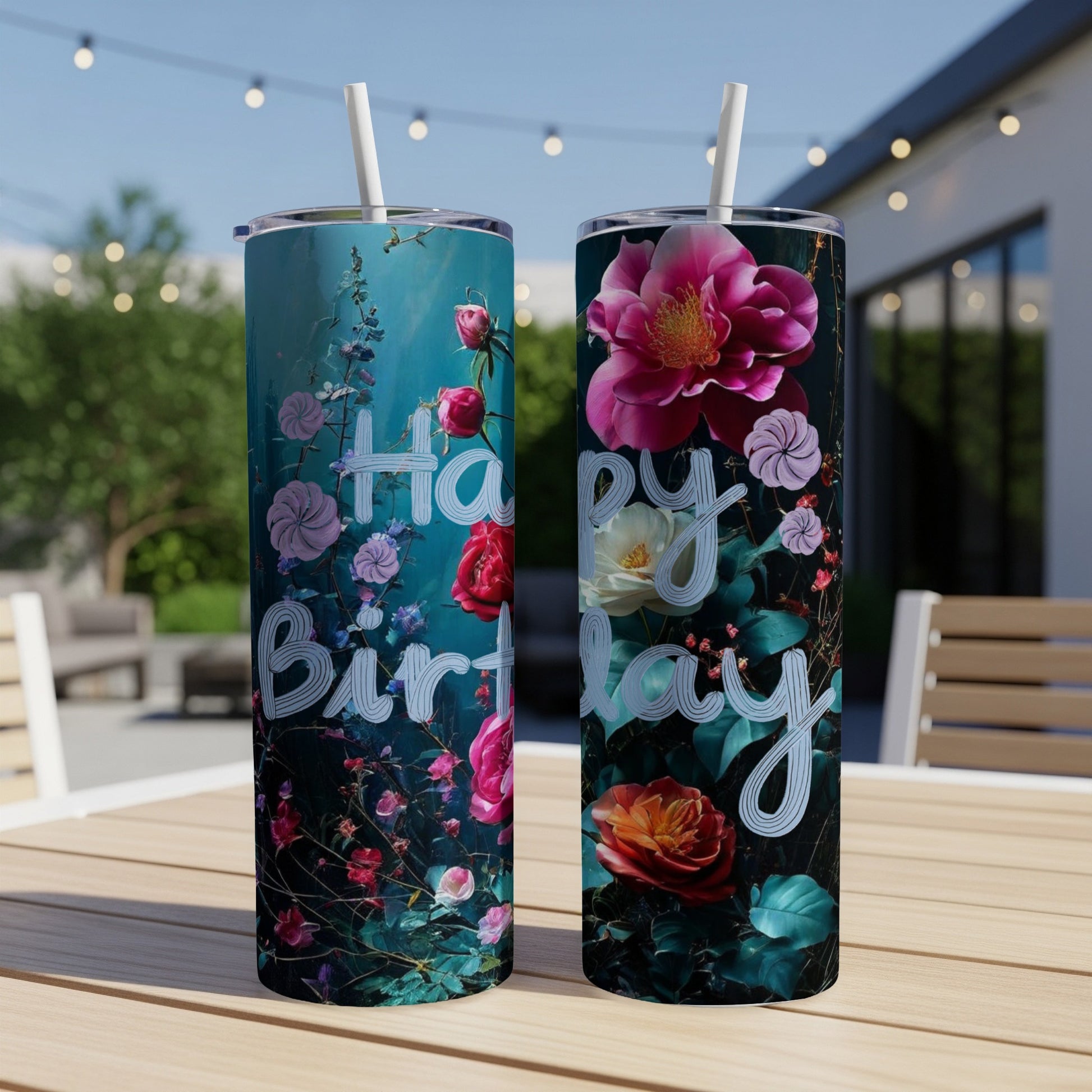 Two tumblers with floral "Happy Birthday" design and straws.