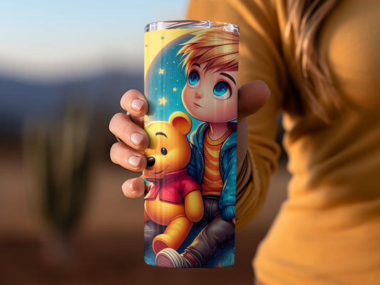 Boy with Winnie the Pooh and Bears Under Moon Stars Tumblers