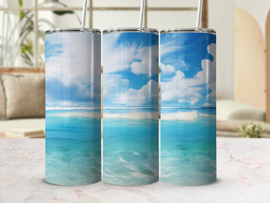 Three tumblers featuring ocean waves and a blue sky with clouds.