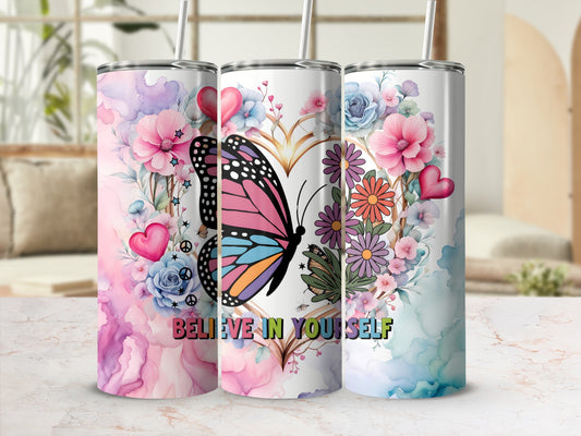 Tumblers with floral hearts and butterflies, featuring "Believe in Yourself" text.