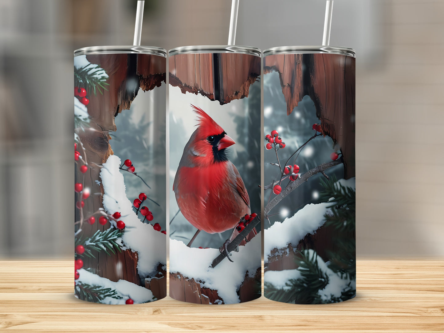 Cardinal on snowy branch with pine boughs, realistic design on three tumblers.