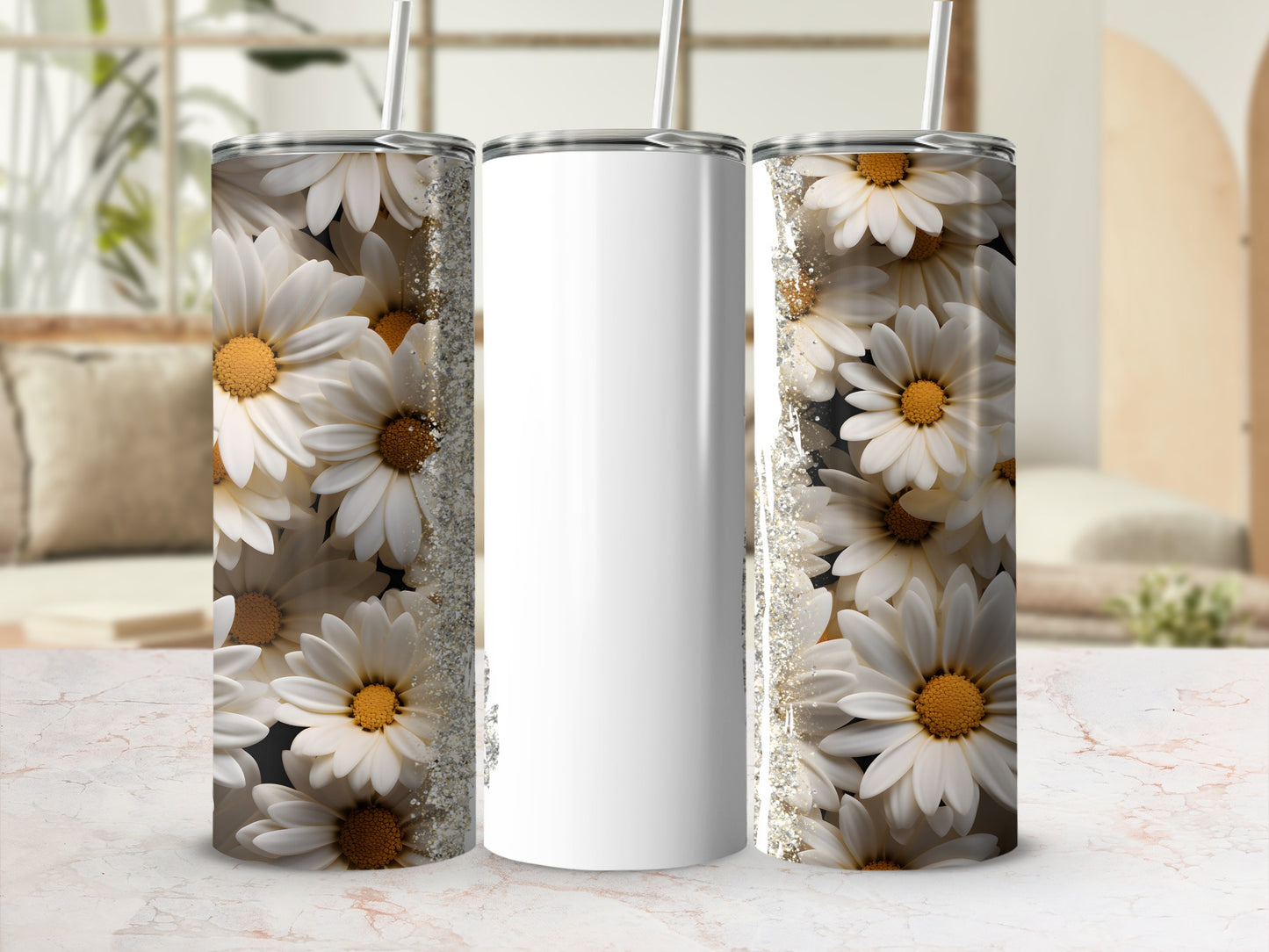 White tumbler with white daisy floral pattern and glitter accents.