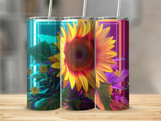 Three tumblers featuring vibrant sunflowers and neon light accents.
