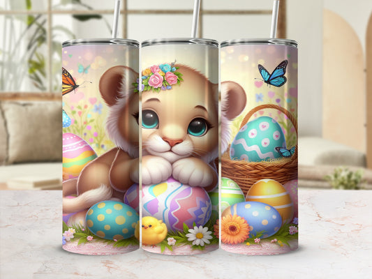Lion cub with Easter eggs and butterflies.