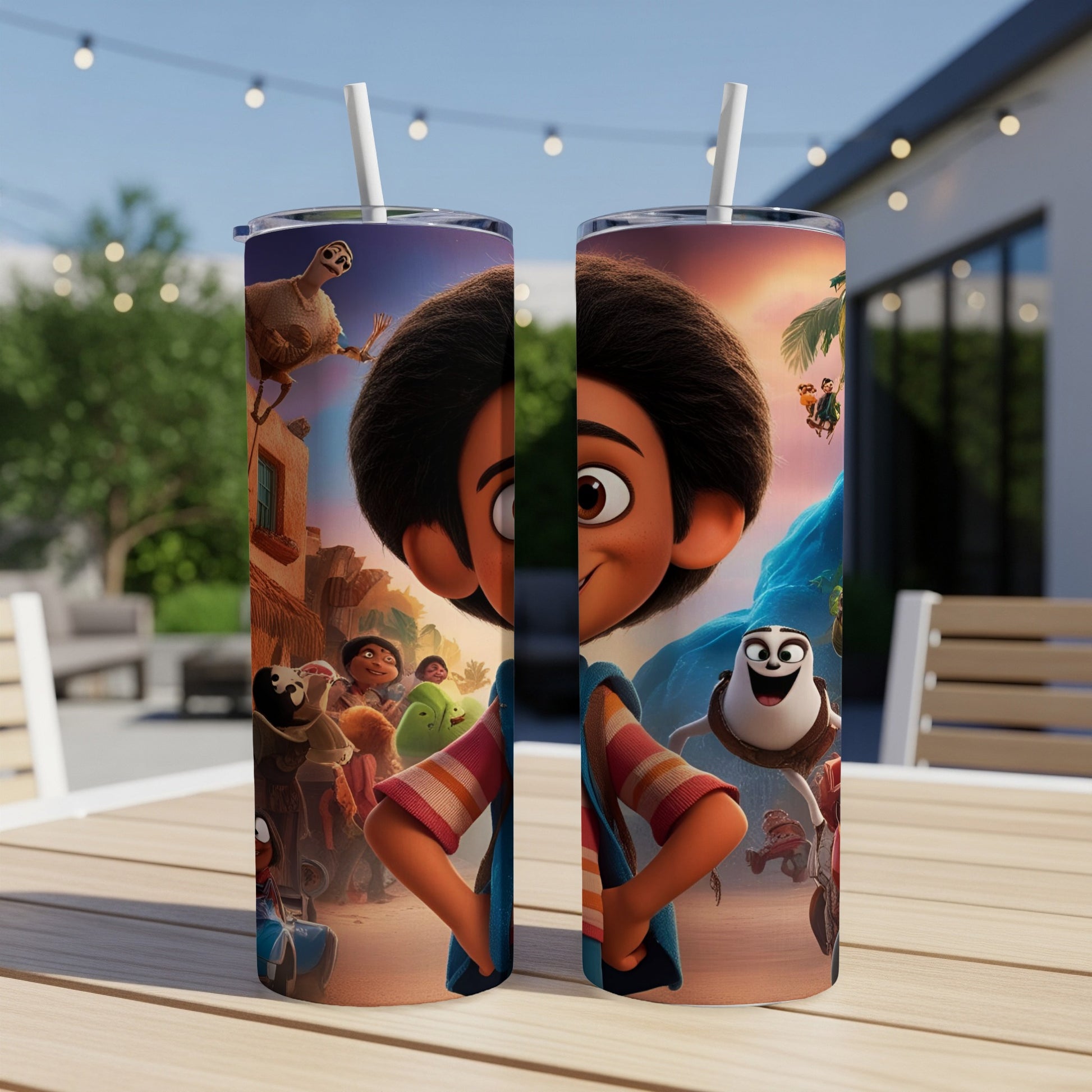 Animated characters from a movie on a skinny tumbler.