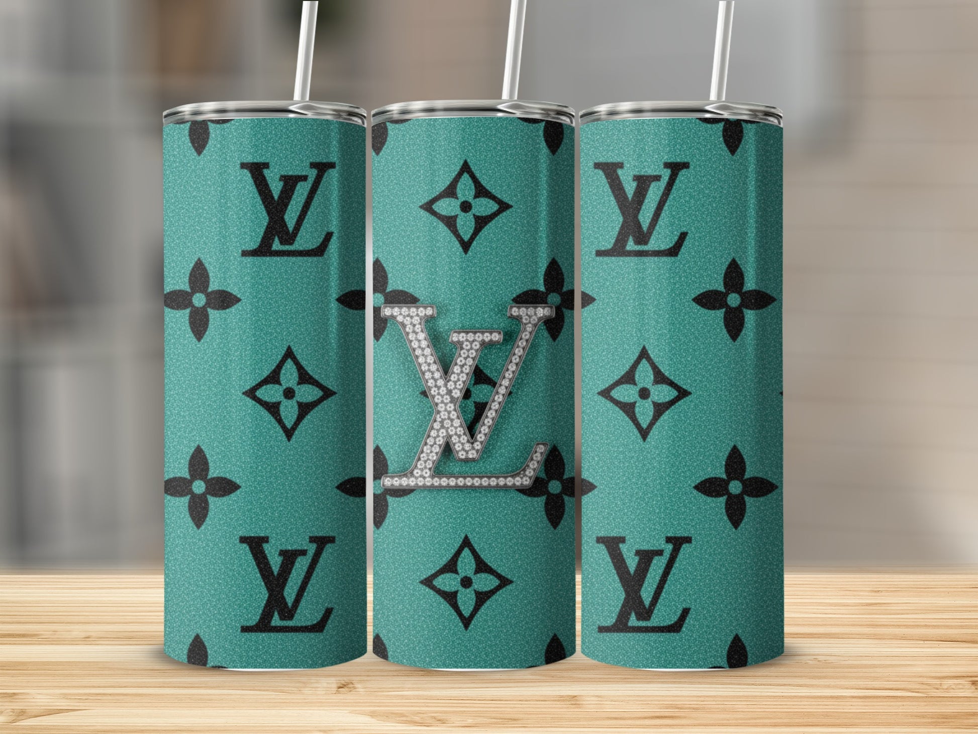 LV Inspired Sparkling Green Tumbler with Straw