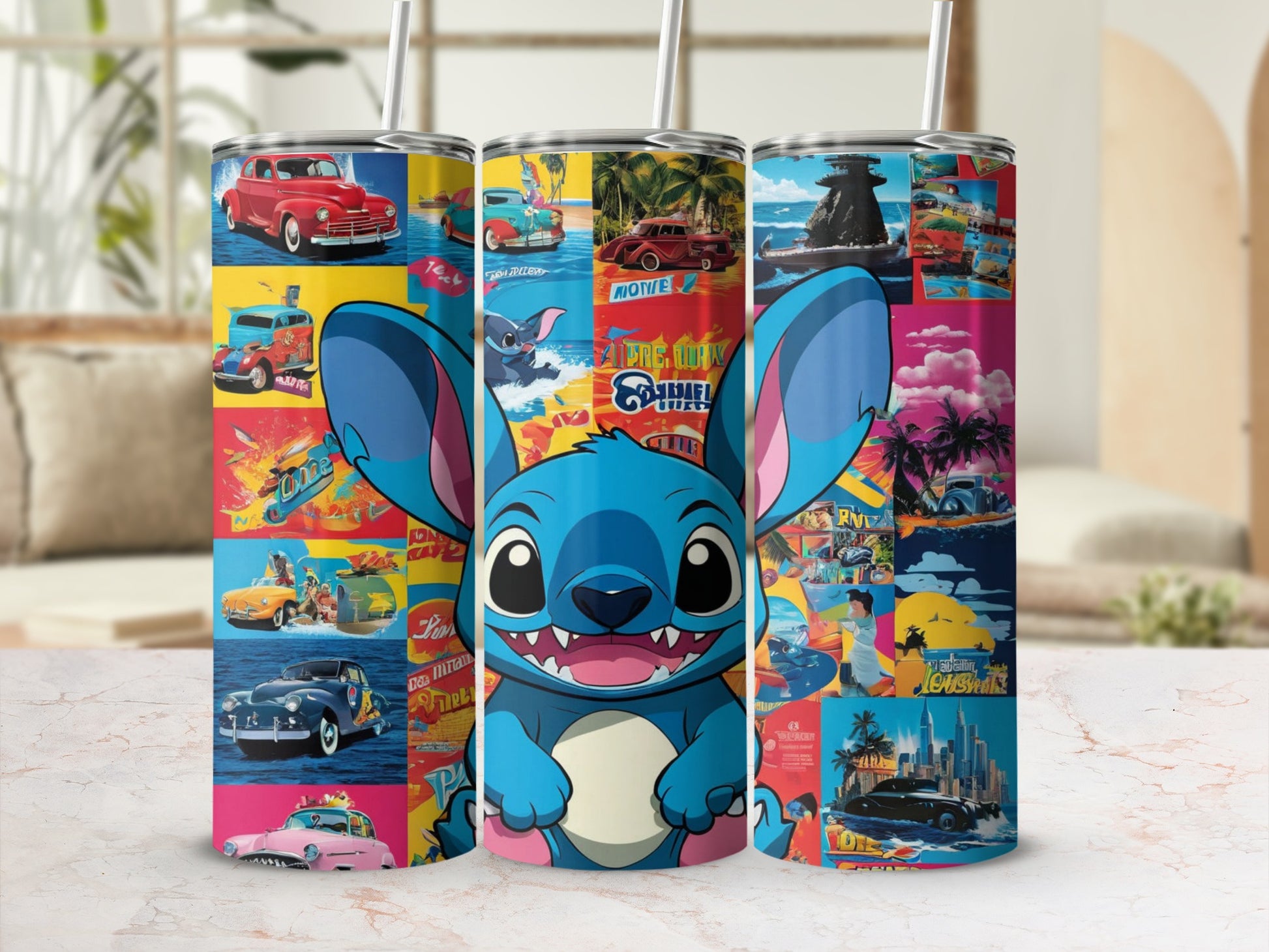 Stitch character on a tumbler with vintage travel and car advertisements.
