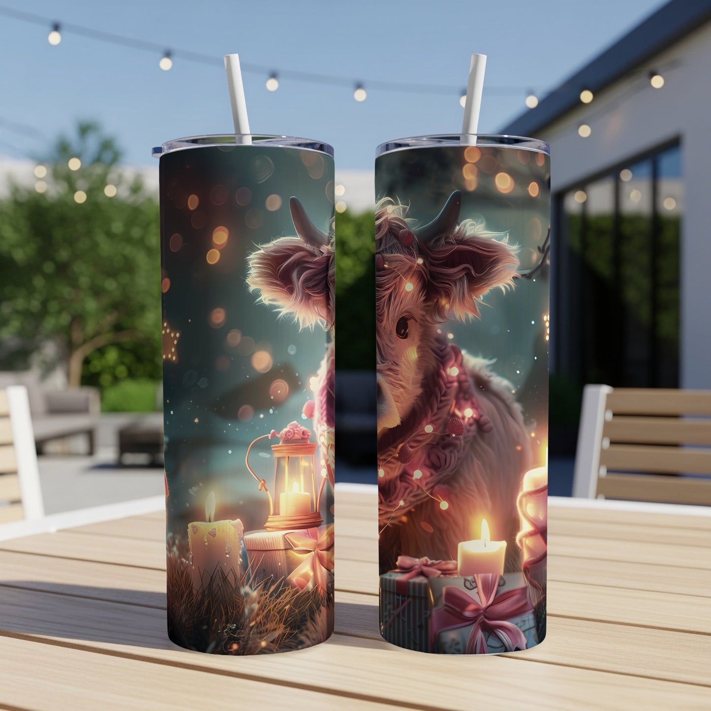 Two festive tumblers featuring a cow with a garland on a table.