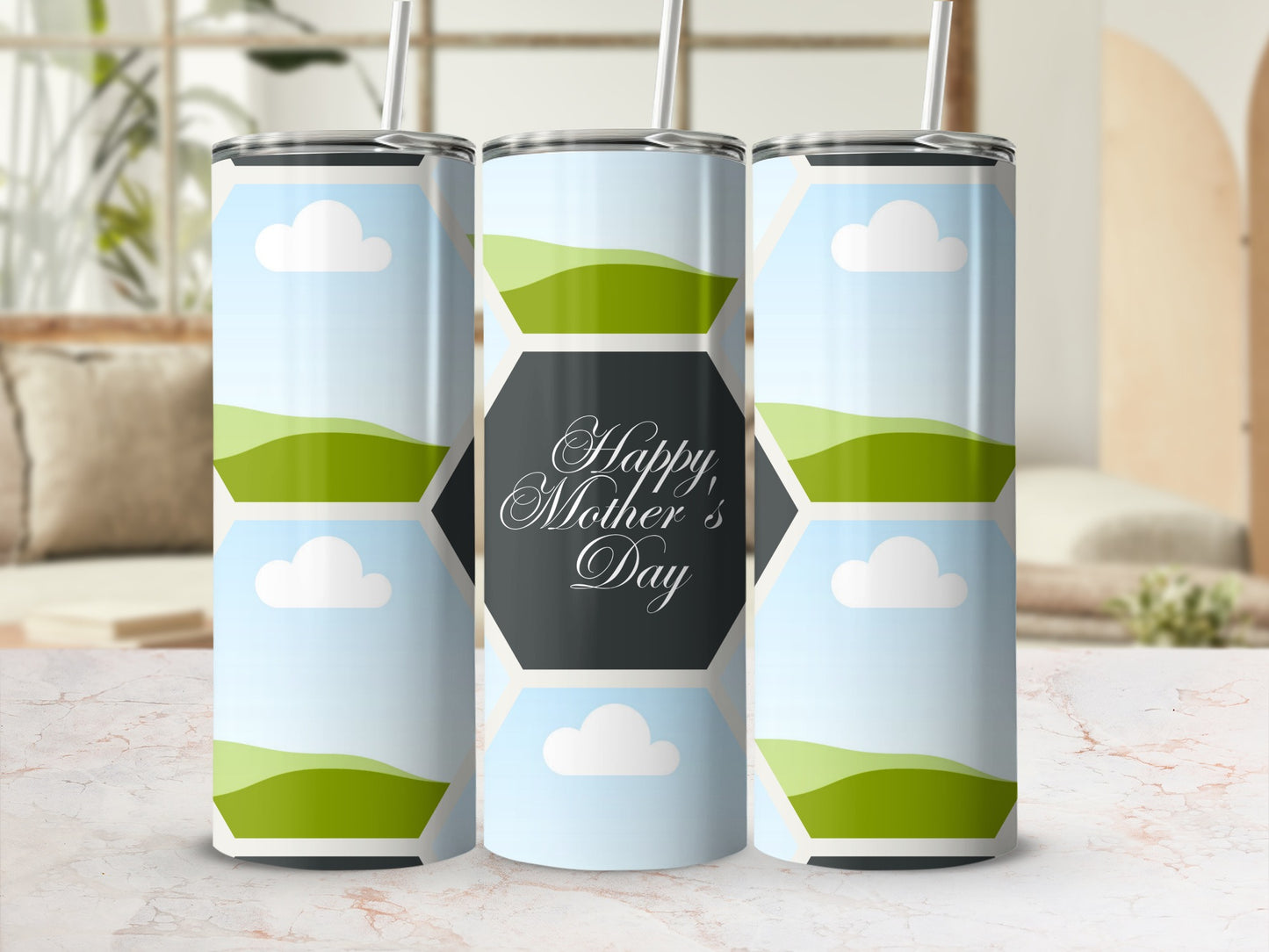 Three tumblers with a "Happy Mother's Day" design and a landscape motif.