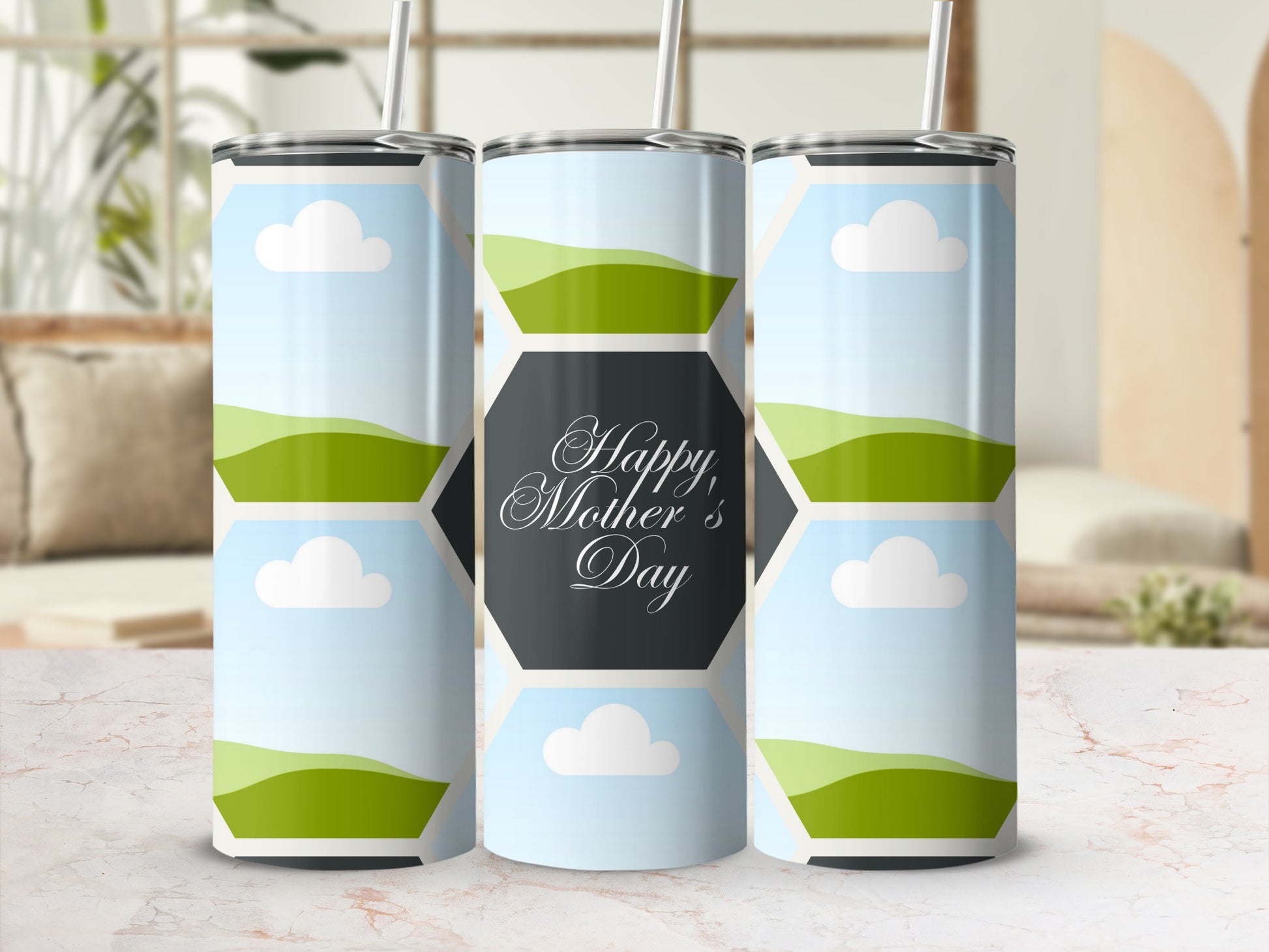 Three tumblers with a "Happy Mother's Day" design and a landscape motif.