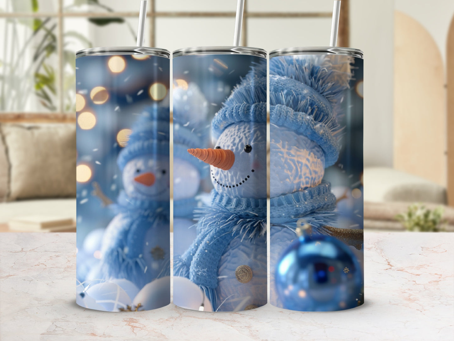Blue snowman with scarf and hat on a tumbler with blurred bokeh background.