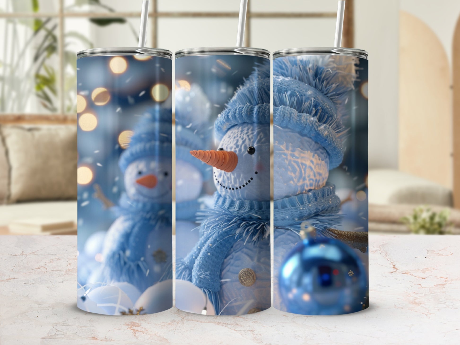 Blue snowman with scarf and hat on a tumbler with blurred bokeh background.