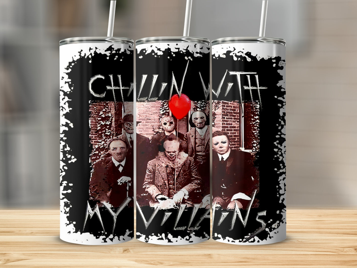 Three tumblers featuring horror villains and text "CHILLIN WITH MY VILLAINS".
