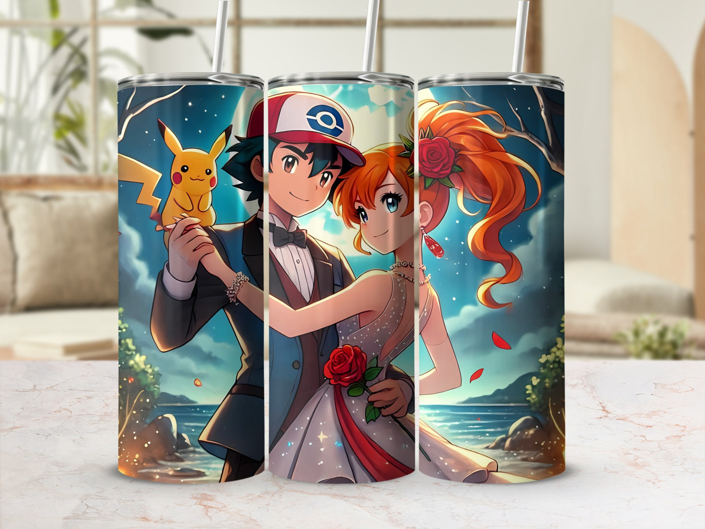 Anime Character Couple Tumbler with Pikachu Design