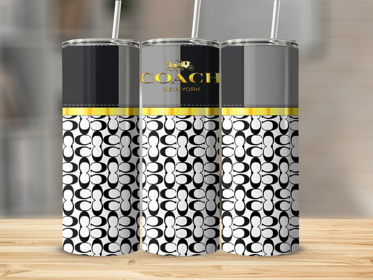 Three tumblers with black, gray, and gold Coach New York branding and repeating monogram pattern.