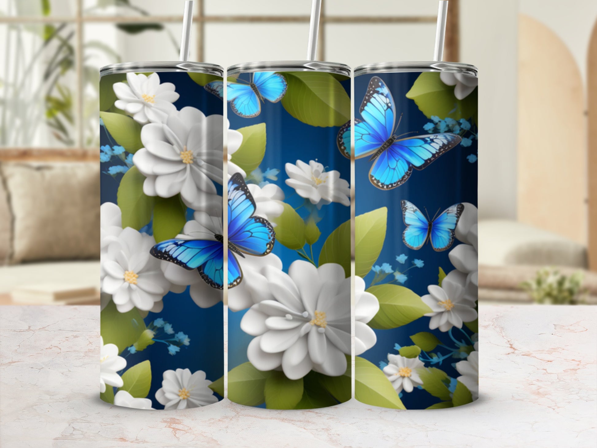 Blue butterflies and white flowers on a blue background.