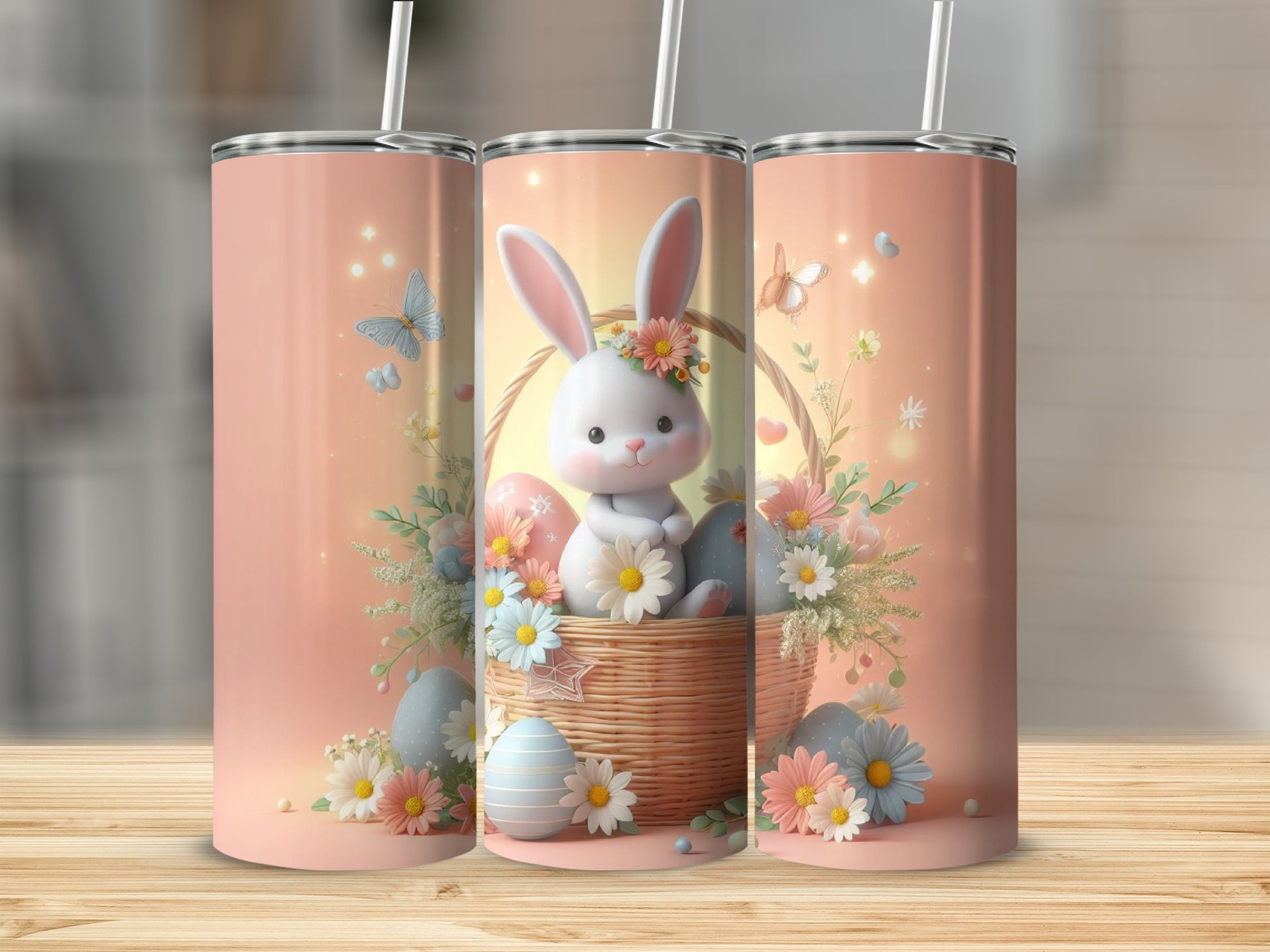 Easter bunny in basket with eggs and flowers.