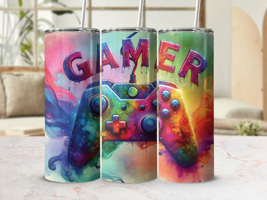 Tumbler with colorful "Gamer" text and abstract art design.
