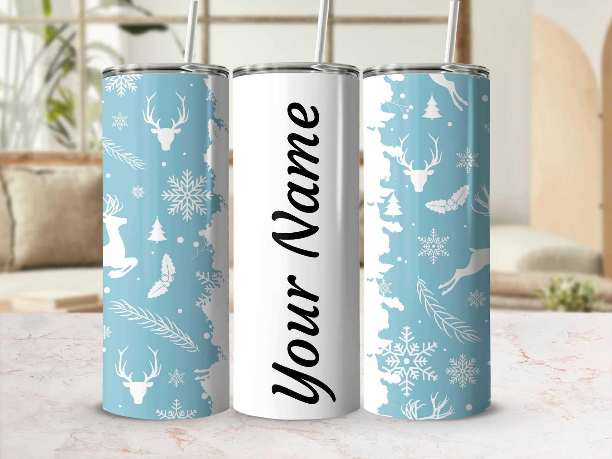 Personalized Winter Themed Tumblers with Deer and Snowflakes