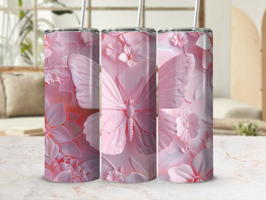 Pink floral and butterfly patterned tumbler set with straws.