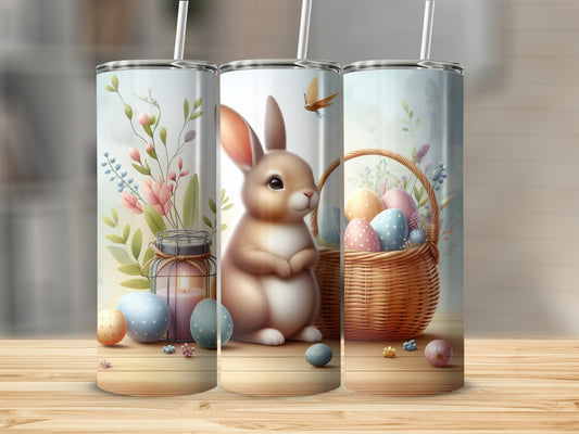 Easter bunny with basket of eggs and spring flowers on a wooden surface.