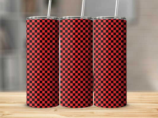 Three tall tumblers with a red and black checkered pattern.