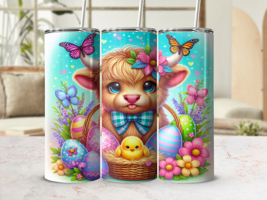 Cute Highland cow with Easter eggs and butterflies.
