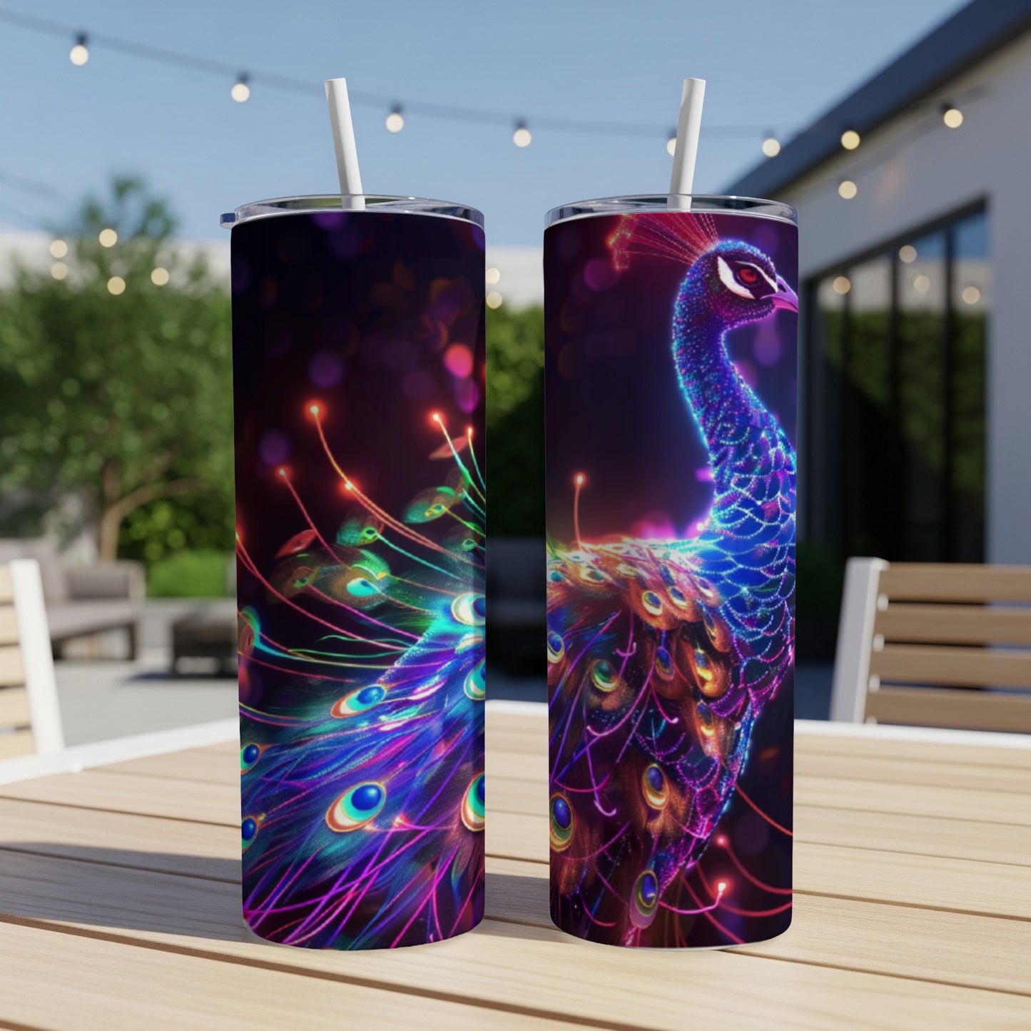 Two illuminated tumblers featuring a stylized peacock with vibrant, glowing feathers.