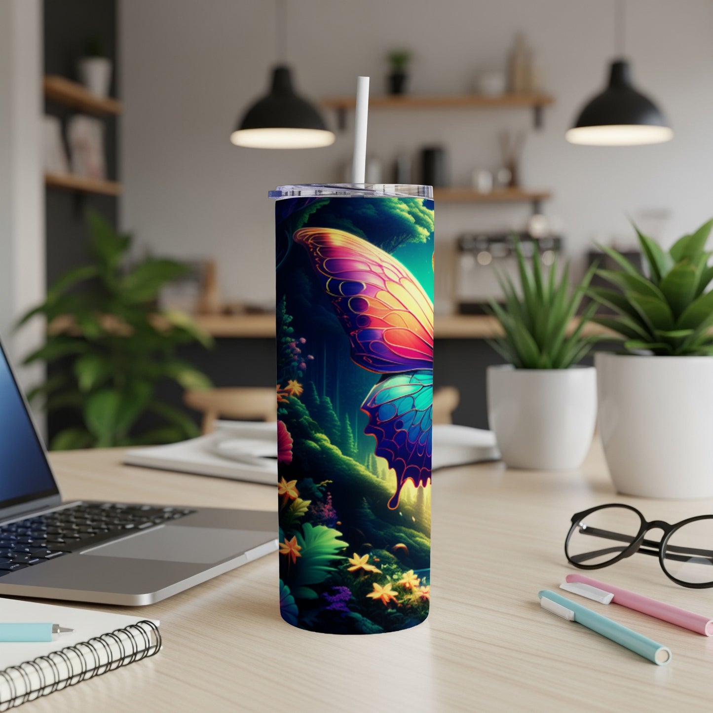 Butterfly tumbler with vibrant wings on a desk with laptop and pens.