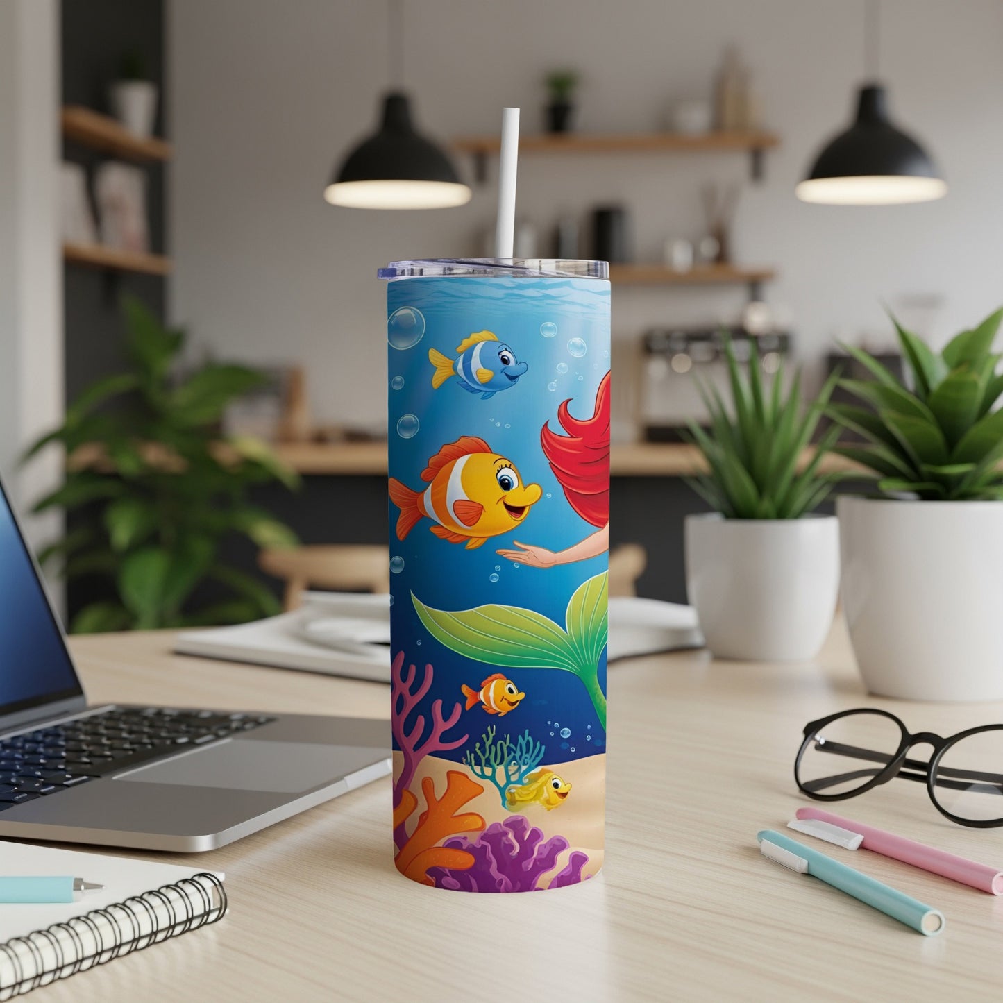 Tall tumbler with mermaid, fish, and underwater scene.
