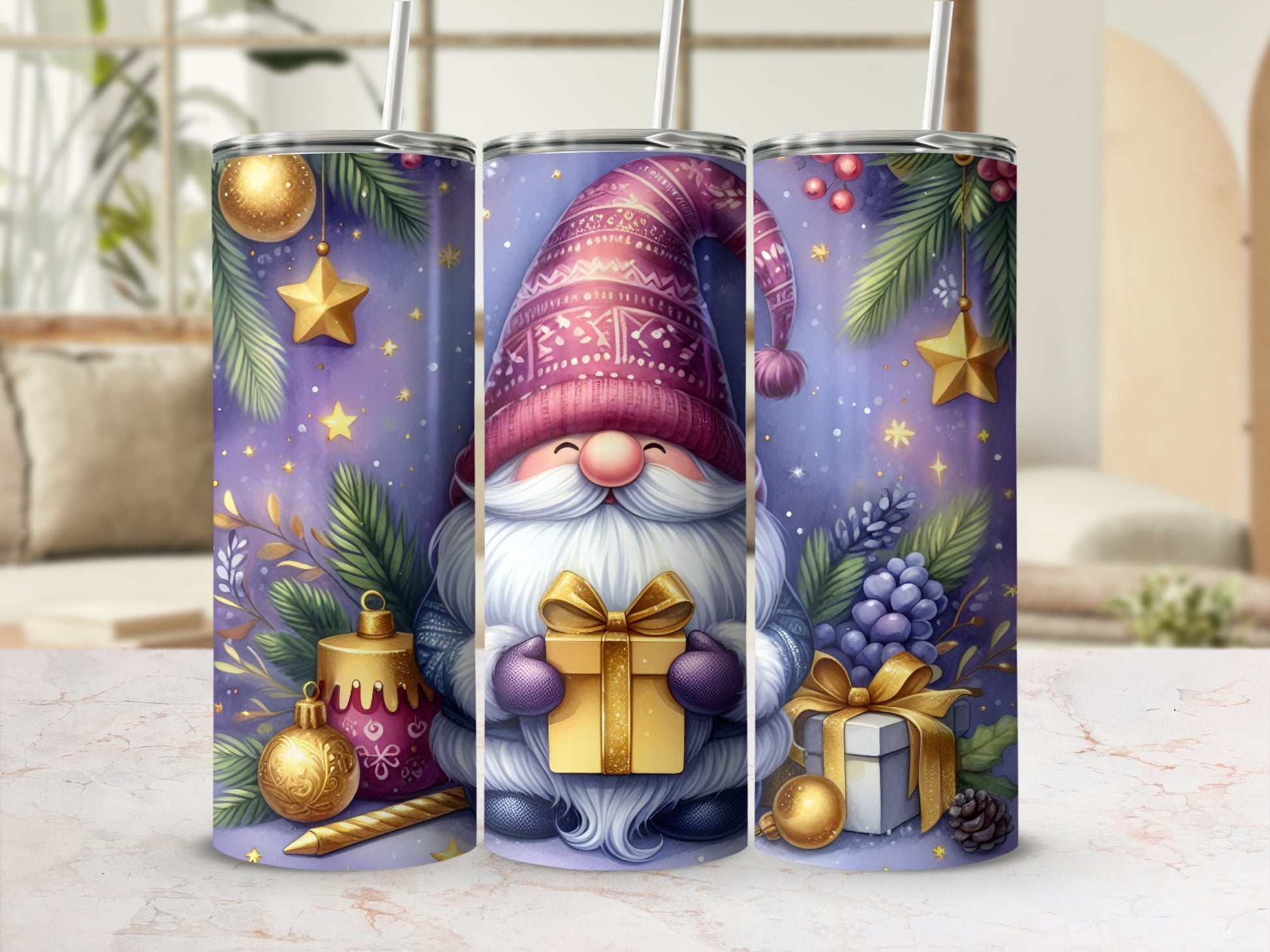 Gnome holding gift with ornaments and berries on a purple background.