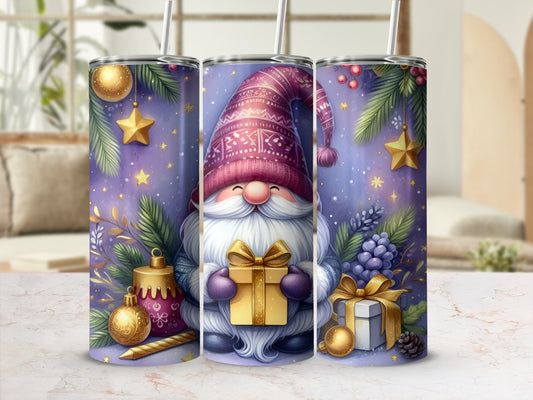 Gnome holding gift with ornaments and berries on a purple background.