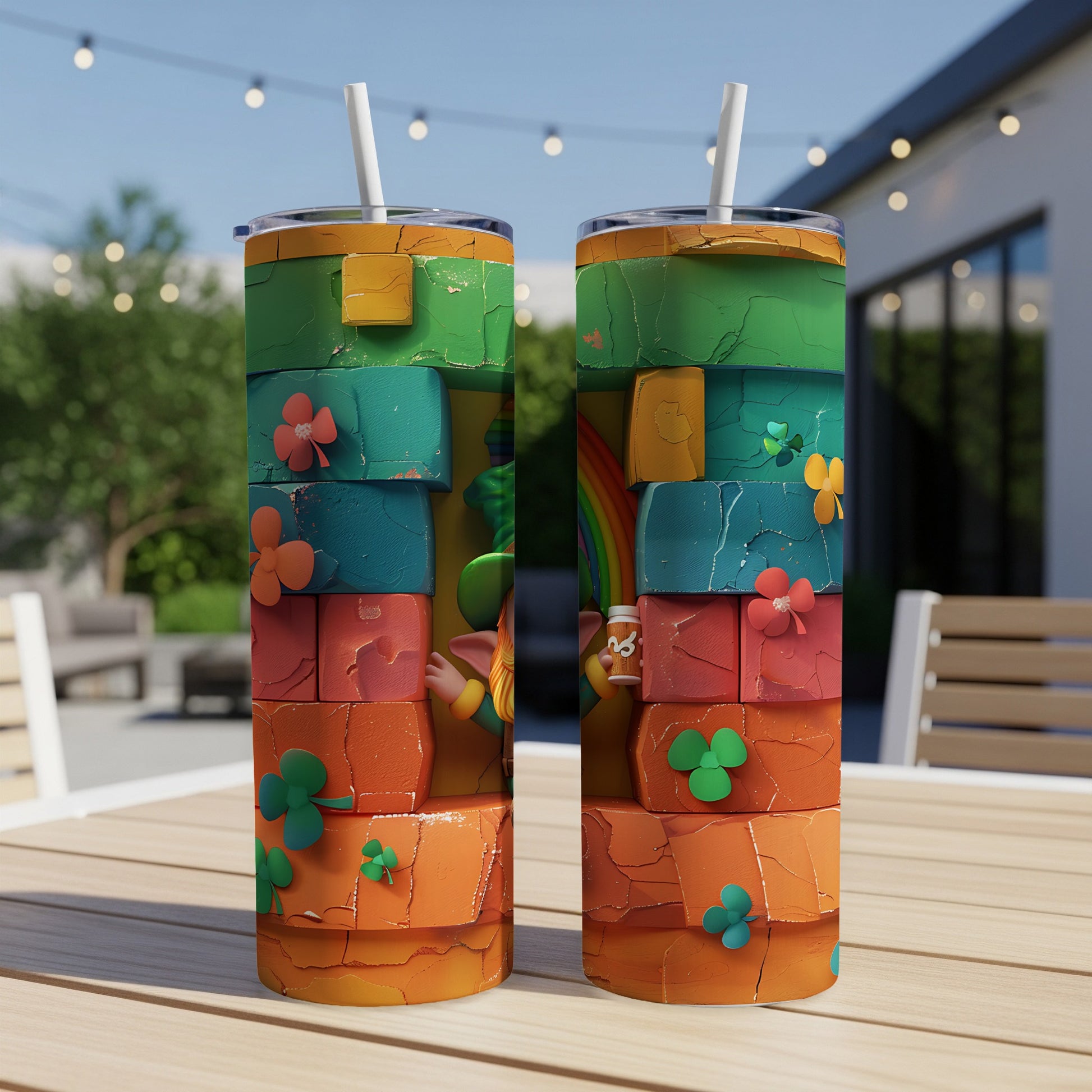 Two green tumblers with shamrocks and a leprechaun on a table.