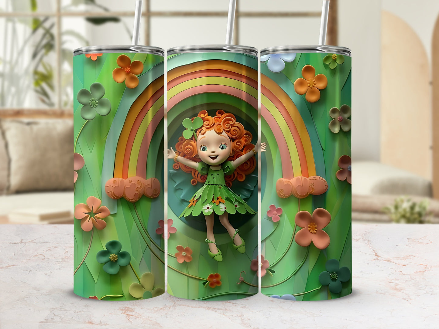 Green tumbler with rainbow, clouds, flowers, and a girl.