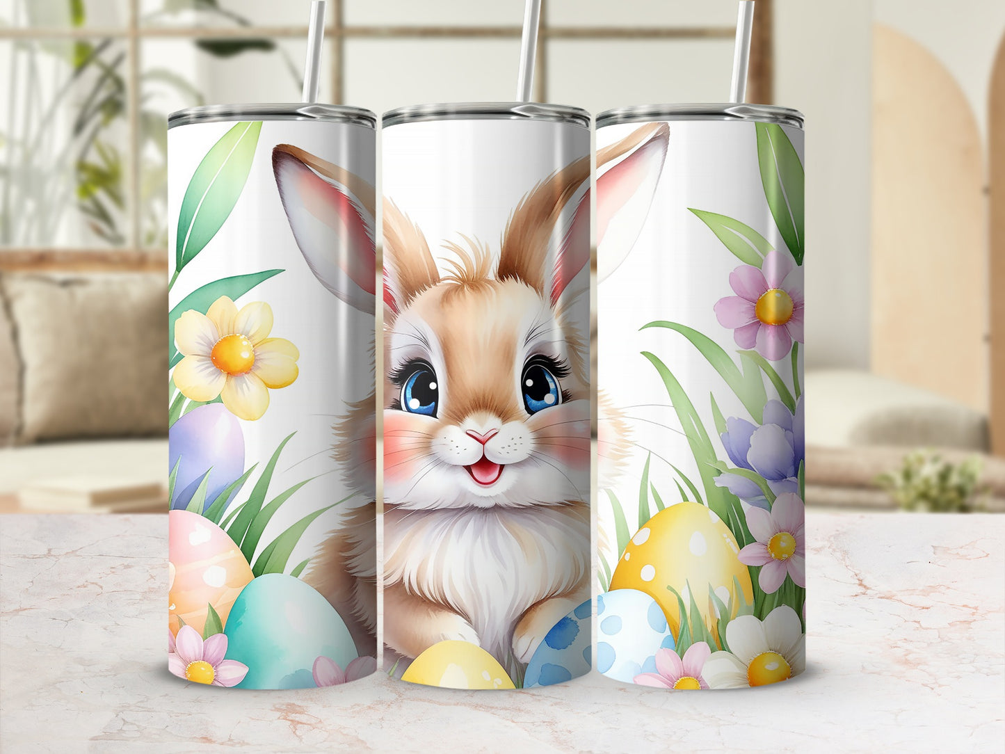 Easter bunny with colorful eggs and flowers on a tumbler.