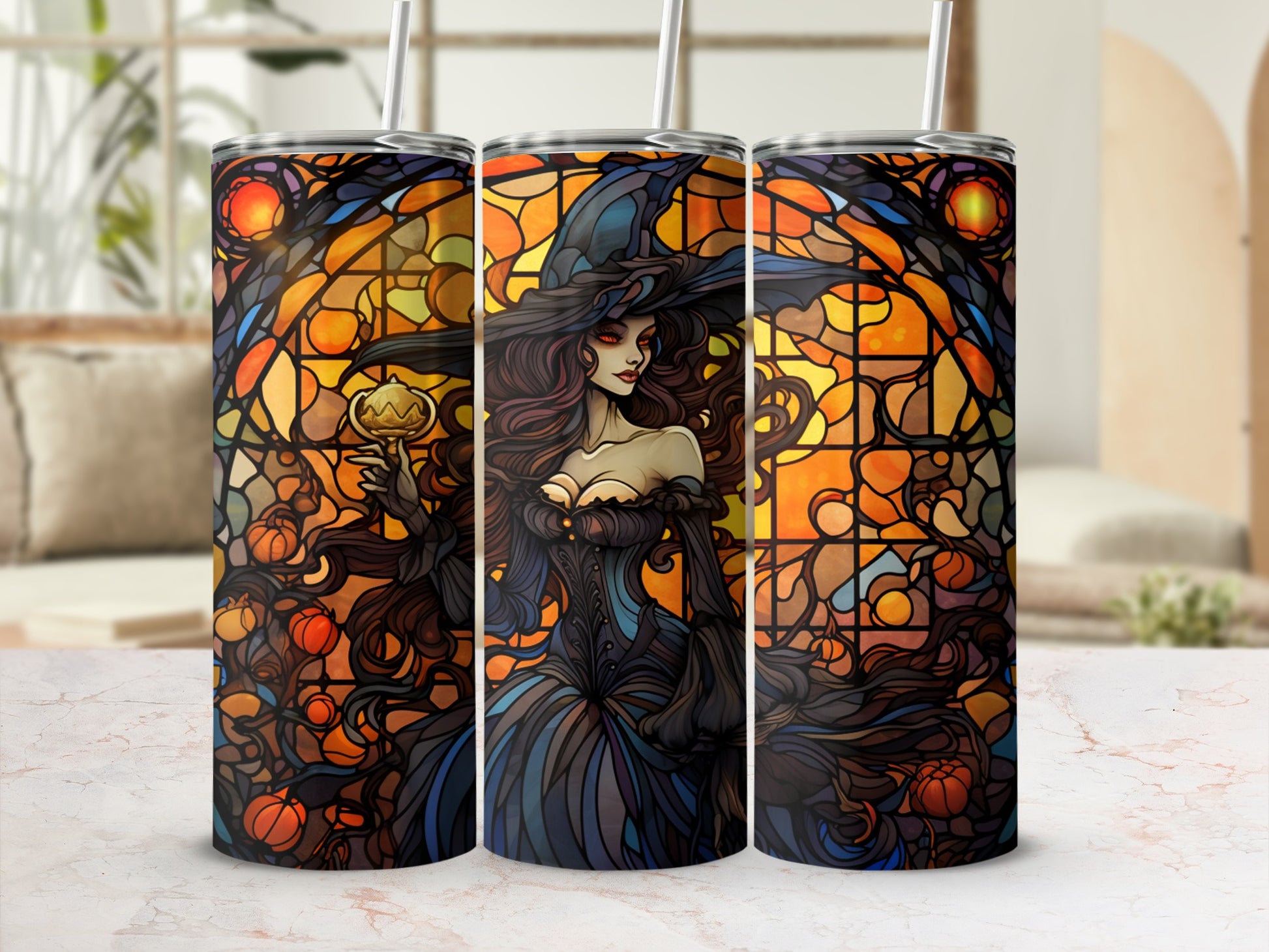 Stained glass tumbler with witch holding pumpkin against mosaic background.