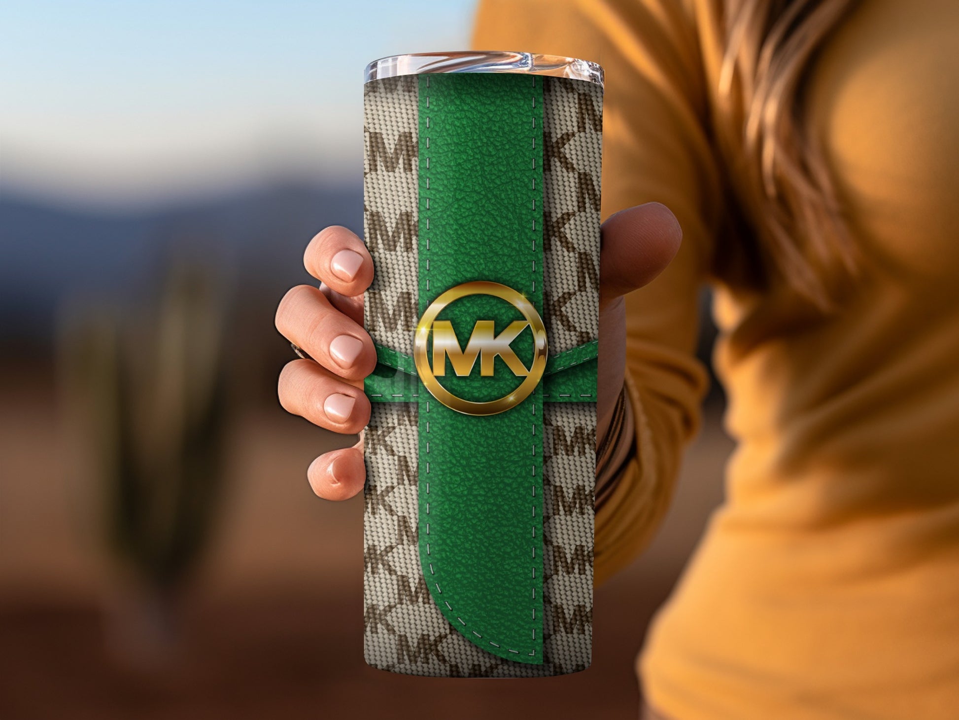 Monogram Pattern Tumbler with Green Accent and Gold Logo