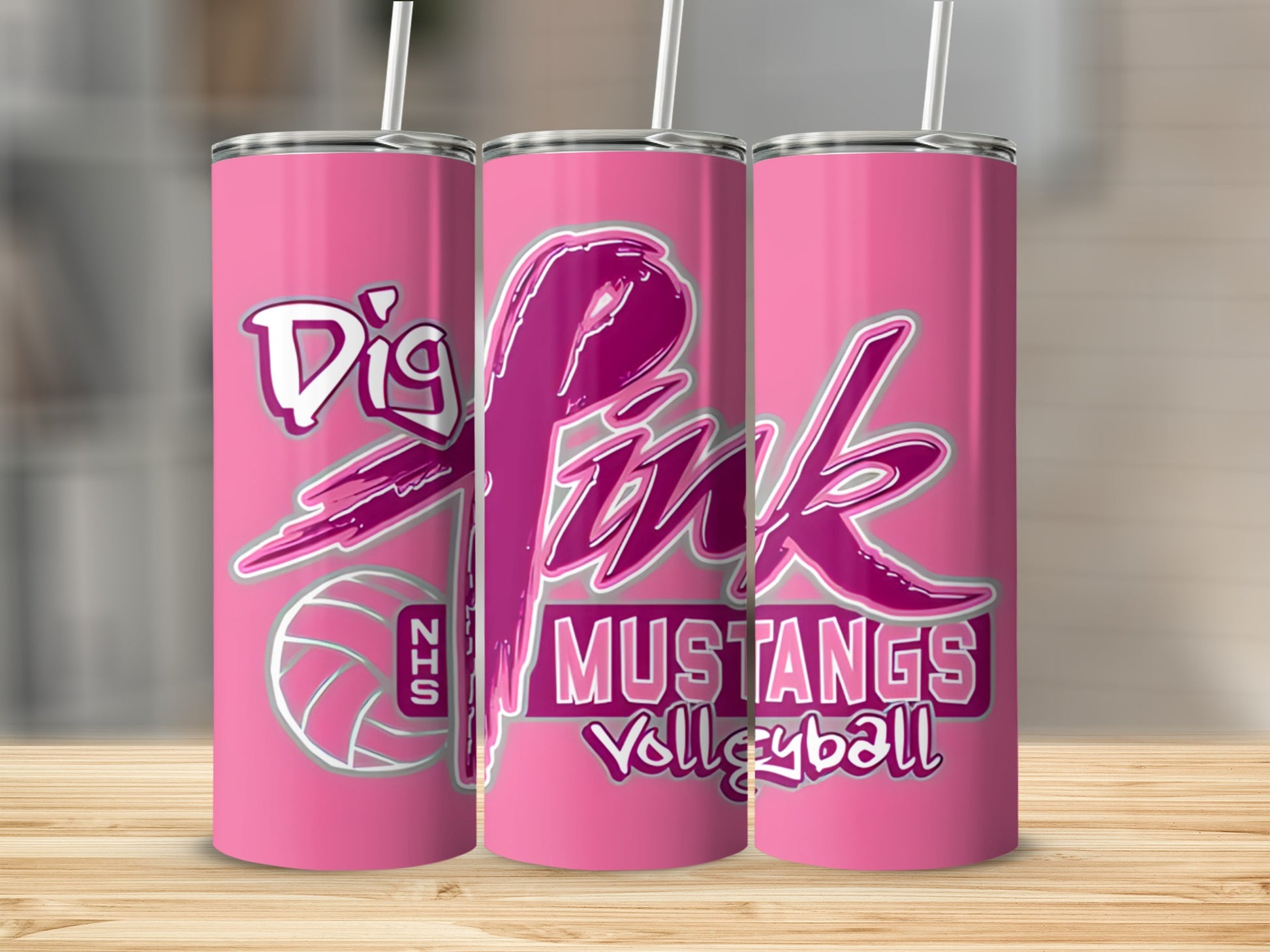 Pink tumbler with "Dig Pink Mustangs Volleyball" and NHS logo.