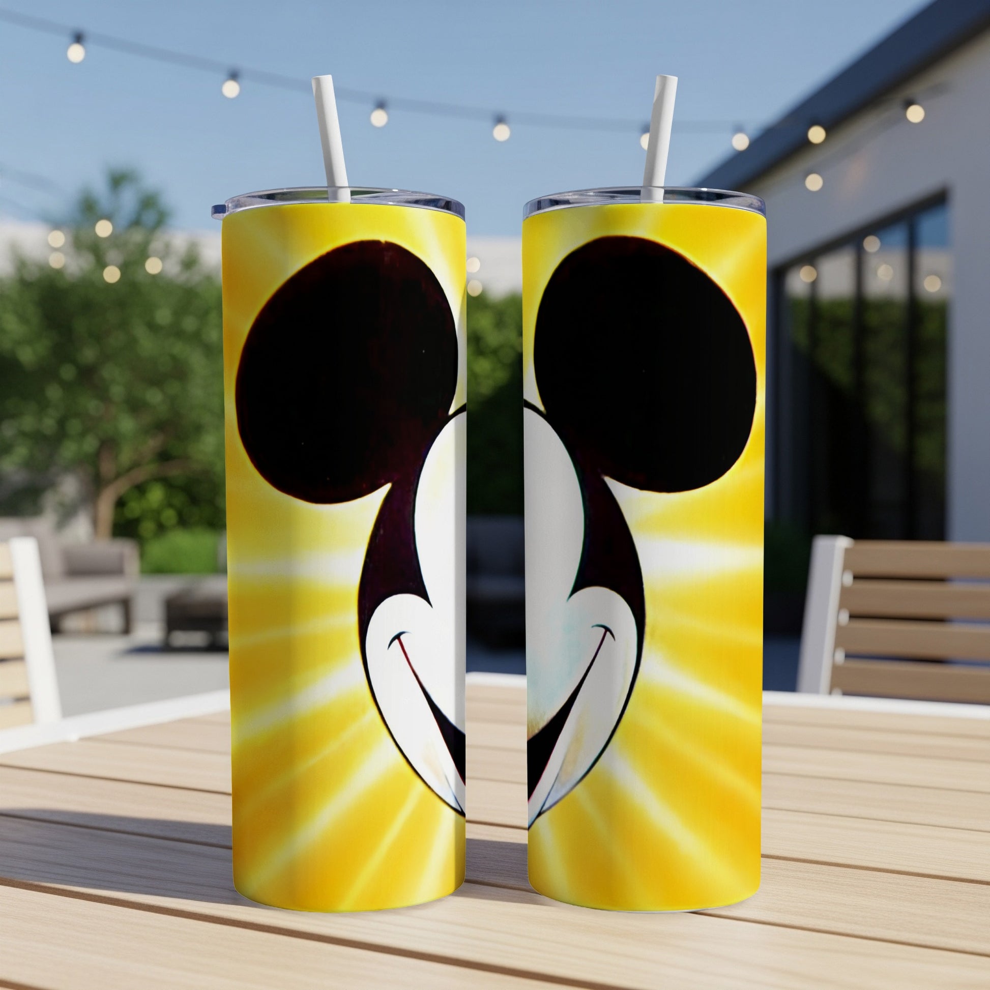 Mickey Mouse face on a yellow tie-dye pattern tumbler.